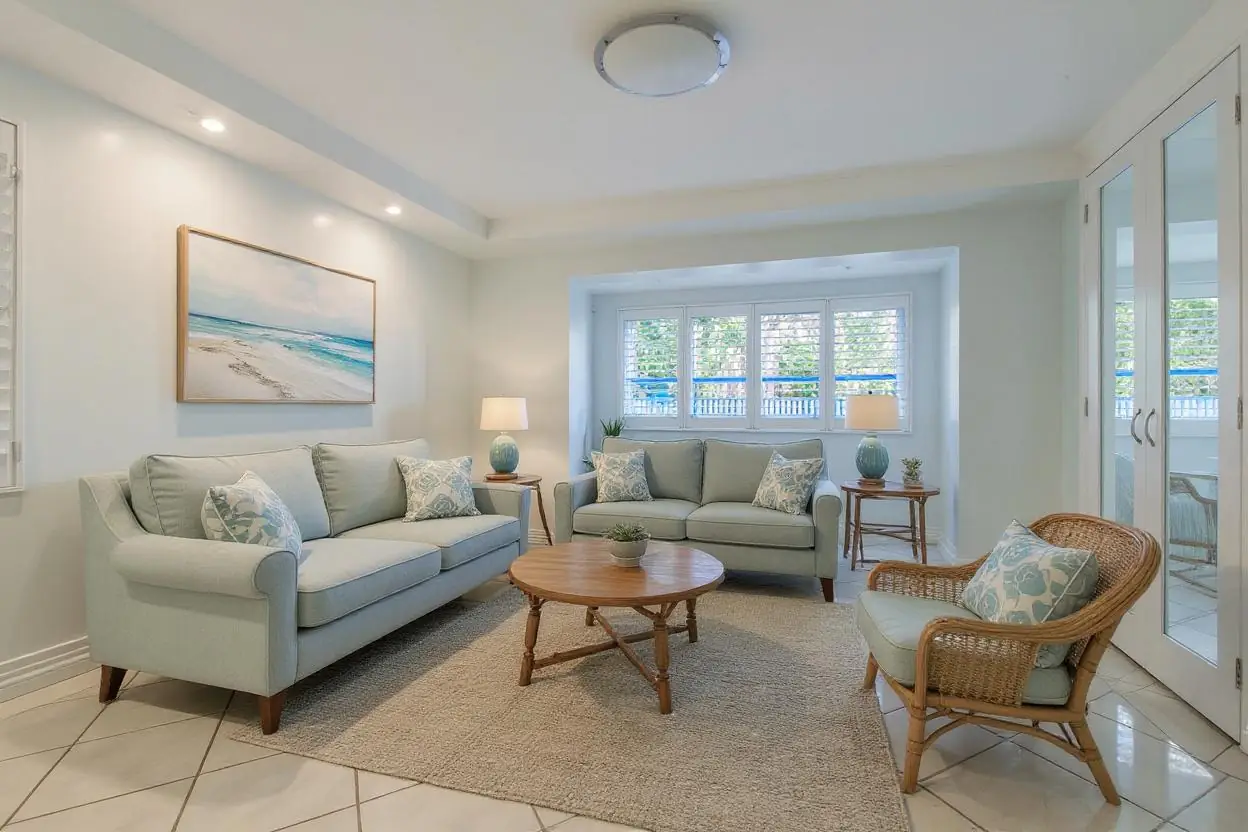 Coastal style living room with pastel blue color theme - interior furnishing