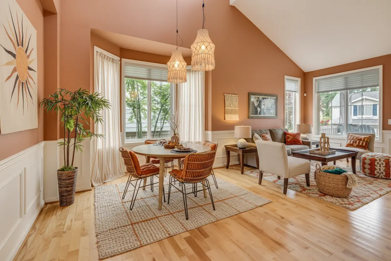 Bohemian living room redesign with light orange accents