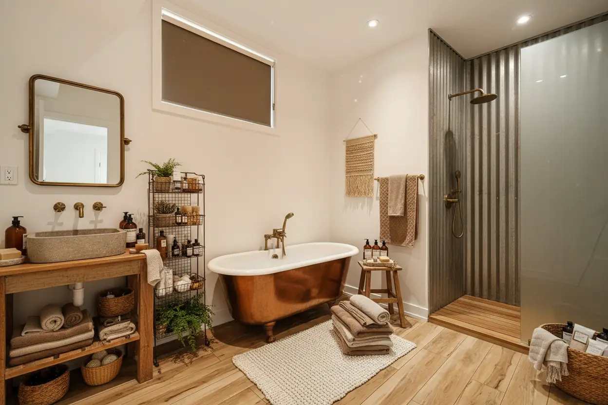 Cozy bohemian bathroom with warm sunset tones